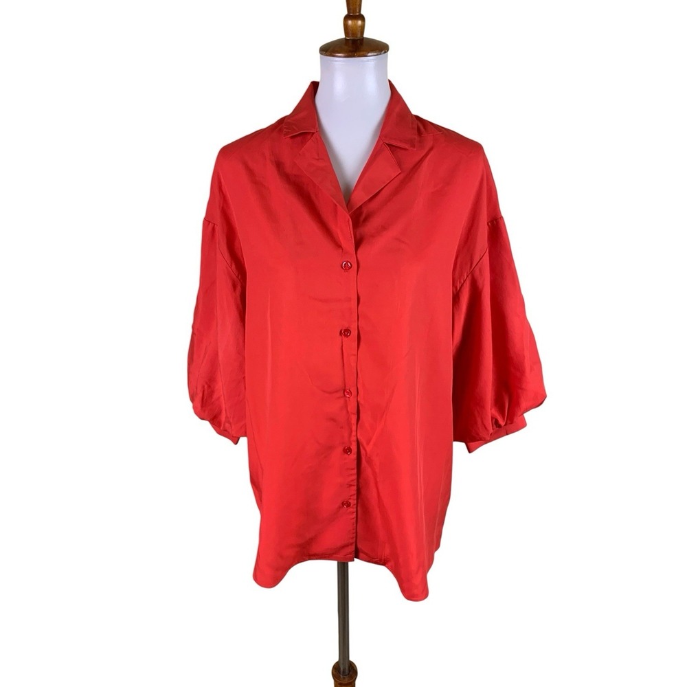 Endless Rose Coral Red Satin Button Up Blouse Balloon Sleeve Office Coastal XS
